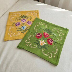 Set of 2 Vintage Handmade Embroidered Pillow Covers Floral Folk Art Boho Decor